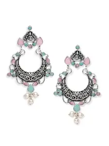 OOMPH Jewellery Oxidised Silver Chandbali Earrings - Green & Pink Stones - Laxmi Floral Shape For Women & Girls Stylish Latest (EJAM75_Z3)- For Women & Girls Stylish Latest