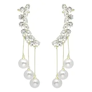 Vembley Korean Gold-plated Zircon Studded Ear Cuff With Pearl Tassel Long Earrings