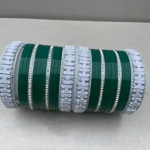 Red Skies, Rhinestone Crystal Bangles Set, Green and White (2.8)