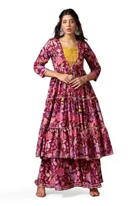 Fashion Dream Women's Chinon Shrug,Top And Sharara Suit Set (FDWSET00059 PRP XS_Purple_XS)