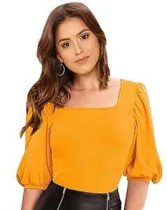 Dream Beauty Fashion Women's Puff/Baloon Sleeves Square Neck Casual Top (EVA 5-Yellow-L)