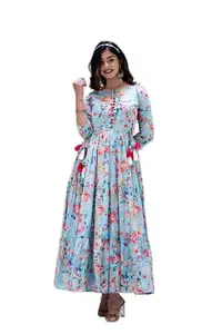 GHABA Women's Cotton Mal Mal Round Neck with Pittan & Tussle Work Gown (Large, Sky)