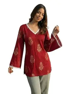 ANNI Designer Women's Viscose Printed Short Kurti | Red Buta Print Tunic Top | V Neck Lace Detail | Full Sleeve Hip Length Kurta Top for Women