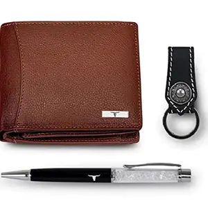 URBAN FOREST Oliver Redwood Leather Wallet, Black Keychain & Pen Combo Gift Set for Men