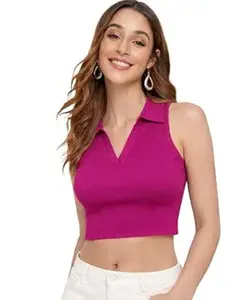 GLOWBERRY Womens & Girls Solid Ribbed V-Neck Collarless Sleeveless Slim Fit Stylish Tank Top 70% Cotton 20% Elestane 10% Polyester