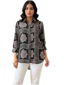 Zans & mens Women's Printed Shirt, Long Sleeve, Embroidered Cuffs, Collared Neck, Casual Ethnic Wear (in, Alpha, XL, Regular, Red-Ajrakh)