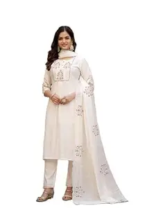 SAMRAGNI Women’s Pure Viscose Mango Silk Kurti Set | Multi Embroidery Sequins with Hand Work | Maslin Silk Embroidered Dupatta