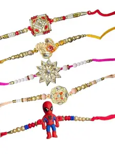 Raksha Bandhan Bhaiya bhabhi family stone couple rakhi, Pearls Designer Rakhis with Roli Chawal Pack set of 5