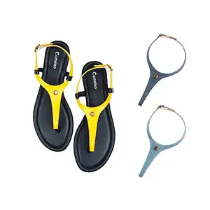 Cameleo -changes with You! Women's Plural T-Strap Slingback Flat Sandals | 3-in-1 Interchangeable Strap Set | Yellow-Leather-Dark-Blue-Light-Blue