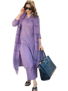 Sunandan Women's Magic Cotton Kurti Pant Dupatta Set (Printed Chanderi Dupatta) | Three-Quarter Sleeve Ethnic Kurta Pant & Chanderi with Digital Print Dupatta Set Lavender Purple