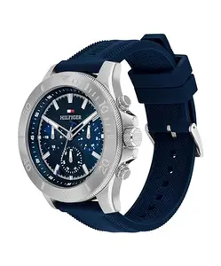 Tommy Hilfiger Men's Multifuction Stainless Steel & Navy Blue Silicone Strap Blue Dial Analog Watch