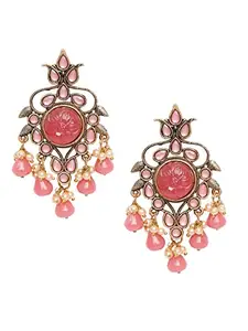 OOMPH Jewellery Antique Gold Tone Pink Stones with Beads Floral Large Ethnic Drop Earrings For Women & Girls Stylish Latest