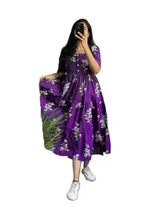 Women's Floral Printed Flared Gown, Purple, Rayon, Full Length, 3/4 Sleeves, Festive