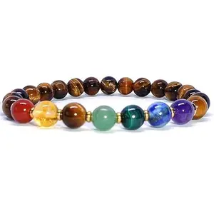 Lady Works Natural 7 Chakra Stone & Tigers Eye 8mm Round Shape Smooth Cut Beads 8 Inch Stretchable Bracelet For Men & Women. Unisex Bracelet For Healing, Meditation, Prosperity & Luck|LW_BRST_00105_8.0
