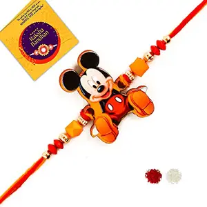 Beingelegant Micky Mouse-Wooden Châracter - Kids Fancy & Attractive Rakhi for Bro/Brother/Bhaiya/Veera with roli-chawal-kumkum-sakkar & Printed Greeting Card (Multi-Colour) (BéWOOD_004) Beingelegânt™