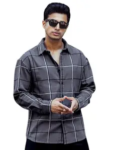Maniac Mens Embroider Checks Full Sleeve Grey Cotton Shirt