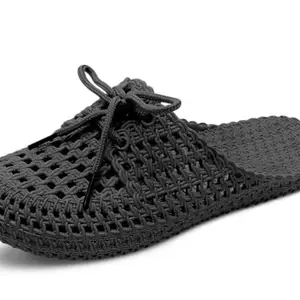 Keneye Women's PVC Casual Mule Stylish Slipper with Lace Comfortable & Lightweight Clog Slippers Casual Everday Slippers Women Black Color (Size-8)