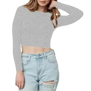 Women's Cotton Boat Neck Full Sleeve Solid Casual Wear Crop Top for Women L355