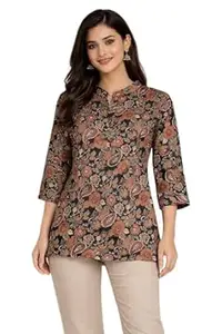 Orriva Womens Pure Rayon 3/4 Sleeves Collar Neck Short Straight Kurti Featuring Tie Dye Floral Printed Design Breathable Fabric
