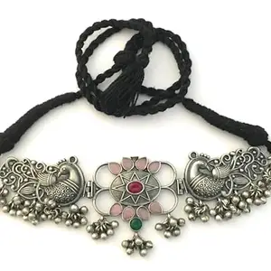 Sasitrends Traditional Oxidized Silver Look Alike Peacock Necklace with drawstring closure for Women & Girls