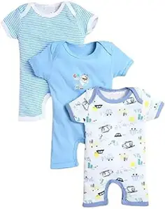 Generic Unisex Baby Printed Cotton Half Sleeves Regular Fit Clothing Pack Of 3 (3-6 months, White & Blue)