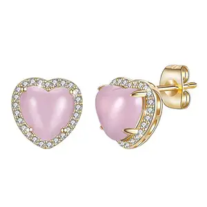 Peora 18K Gold Plated Pink Crystal Heart Stud Earrings for Women Girls