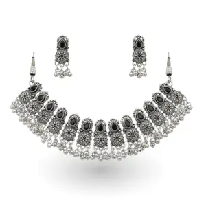 D`Aura Luxe Oxidised Silver Black Stone Necklace Set with Earrings – Traditional Ethnic Jewellery for Women