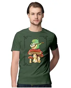 ALLEN BLACK Men's Regular Fit T-Shirt Frog Playing Banjo On Mushroom 100% Cotton T-Shirt Olive Green_FRGPBMEN-Olive Green XL Men Round_
