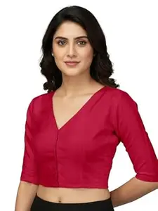 Mehrang V-Neck Taffeta 3/4 Sleeves, Front Hook Closure with Smocked Side Panel, Full Back Covered Readymade Saree Blouse for Women