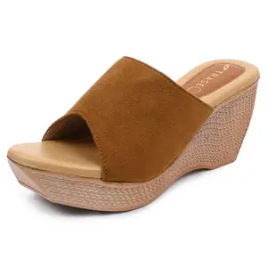 TRASE Women's Fashion Sandals | Faux Leather Comfortable and Stylish Wedge Slip on| For Casual Wear & Formal Wear Occasions 3 inches heel for Women & Girls-Tan, 5 UK