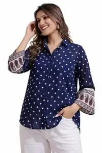 Women's Printed Shirt, Long Sleeve, Embroidered Cuffs, Collared Neck, Casual Ethnic Wear (in, Alpha, M, Regular, Red-Ajrakh)
