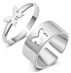 Silver Color Butterfly Ring Valentine's Day Special Stainless Steel Adjustable Size Romantic Couple Friendship Promise Matching Butterfly Design Open-Cuff Finger Rings Set for Girlfriend