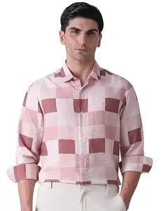 MUFTI Men Casual Shirt | Slim Fit Full Sleeve Spread Collar Checkered Design | Viscose Nylon Blend with Crinkled Texture for Smart Casual Light Rose Pink M