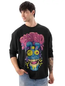 The Souled Store Trippy Blaze Men and Boys Round Neck Black Graphic Printed Cotton Oversized Full Sleeve T-Shirts