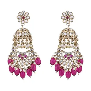 I Jewels Womens Gold Plated Traditional Kundan & Pearl Dangle Jhumka Earrings (E3266Wi)