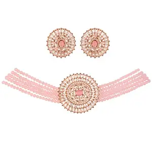 RATNAVALI JEWELS Rose Gold Plated Traditional Handcrafted American Diamond Studded Pink Beads Choker Jewellery Necklace Set with Stud Earring for Women/Girls RV5055P