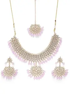 Peora Gold Plated Kundan & Purple Beads Studded Necklace Earrings & Maangtikka Set Ethnic Jewellery Gift for Women