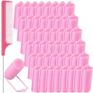 SIYAA 48 Pieces Foam Sponge Hair Rollers Soft Sleeping Hair Curler Flexible Hair Styling Sponge Curler, and Stainless Steel Rat Tail Comb for Hair Styling (0.98 inch/ 2.5 cm, and Dark Pink) (Pink)