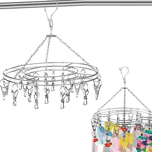 Deekam 1PC Hanger with Clips for Clothes Round Stainless Steel Laundry Drying Stand / 20 Clips Windproof Baby Cloth Socks Lingerie Dryer Rack