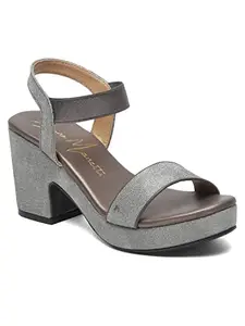 Bruno Manetti women's Gunmetal Slipon Elastic Back Strap Round Toe Comfort Broad Heels Sandal's