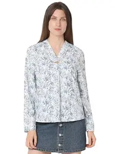 VERO Moda Women Polyester Regular Fit Printed V-Neck Top | Button Detailing| Long Sleeves with Cuffs|Day to Evening