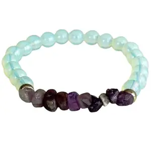 Lady Works Natural Amethyst & Moonstone 8mm Round & Tumble Shape Smooth Cut Beads 6.5 Inch Stretchable Bracelet For Men & Women. Unisex Bracelet For Healing, Meditation, Prosperity & Luck|LW_BRST_00491_6.5