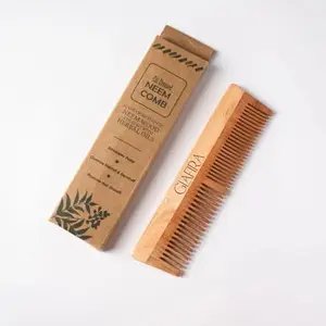 Kacchi Neem Wooden Comb, Soaked In 17 Herbs Neem & Sesame Oil For Multi-Actions - Detangling, Frizz Control & Shine,Suited For All Hair Types (Dual Tooth) (pack of 2)