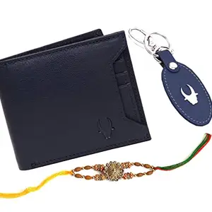 WildHorn Rakhi Gift Hamper for Brother - Classic Men's Combo/Gift Set of Leather Wallet, Keyring and Rakhi for Brother (Blue)
