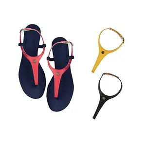 Cameleo -changes with You! Women's Plural T-Strap Slingback Flat Sandals | 3-in-1 Interchangeable Leather Strap Set | Red-Yellow-Black