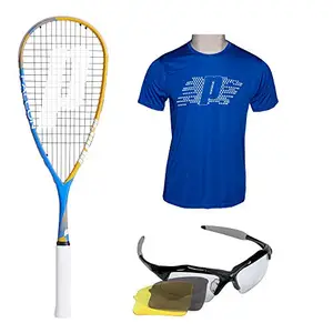 PRINCE FALCON TOUCH 350 SQUASH RACKET WITH ROUND NECK TSHIRT BLUE SIZE S AND SPEED EYEGUARD MULTI LENS (P)