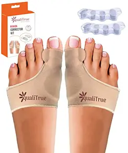 Qualitrue Bunion Corrector For Women Men Toe Separator Kit Thumb Support For Pain Relief Toe Thumb Straightener Protector Guard Bunion Splints, 5 Finger Toe Spacer,Stretcher Toe Spreader Hallux Valgus (Combo 2 Pair)