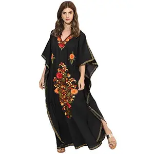 CRAFTBAZAR Women's Boho Floral Embroidered Black Color Kaftan (Size-S)