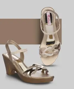 Picktoes PT-G238 Women's Golden Synthetic Leather Casual Heel Sandal