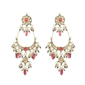 Yinara Crescent Kundan Drop Pink Stone Chandbali Earrings For Women | Pink Brass Traditional Jewelry For Festivals, Weddings, Events | One Size Design With Secure Closure